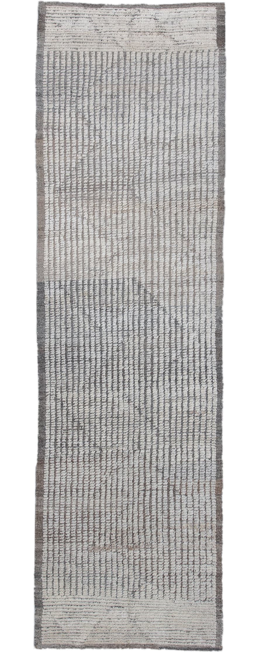 3' x 10' one-of-a-kind handmade vintage Tulu runner rug. Color palette: ivory, charcoal, taupe, gray, black, beige