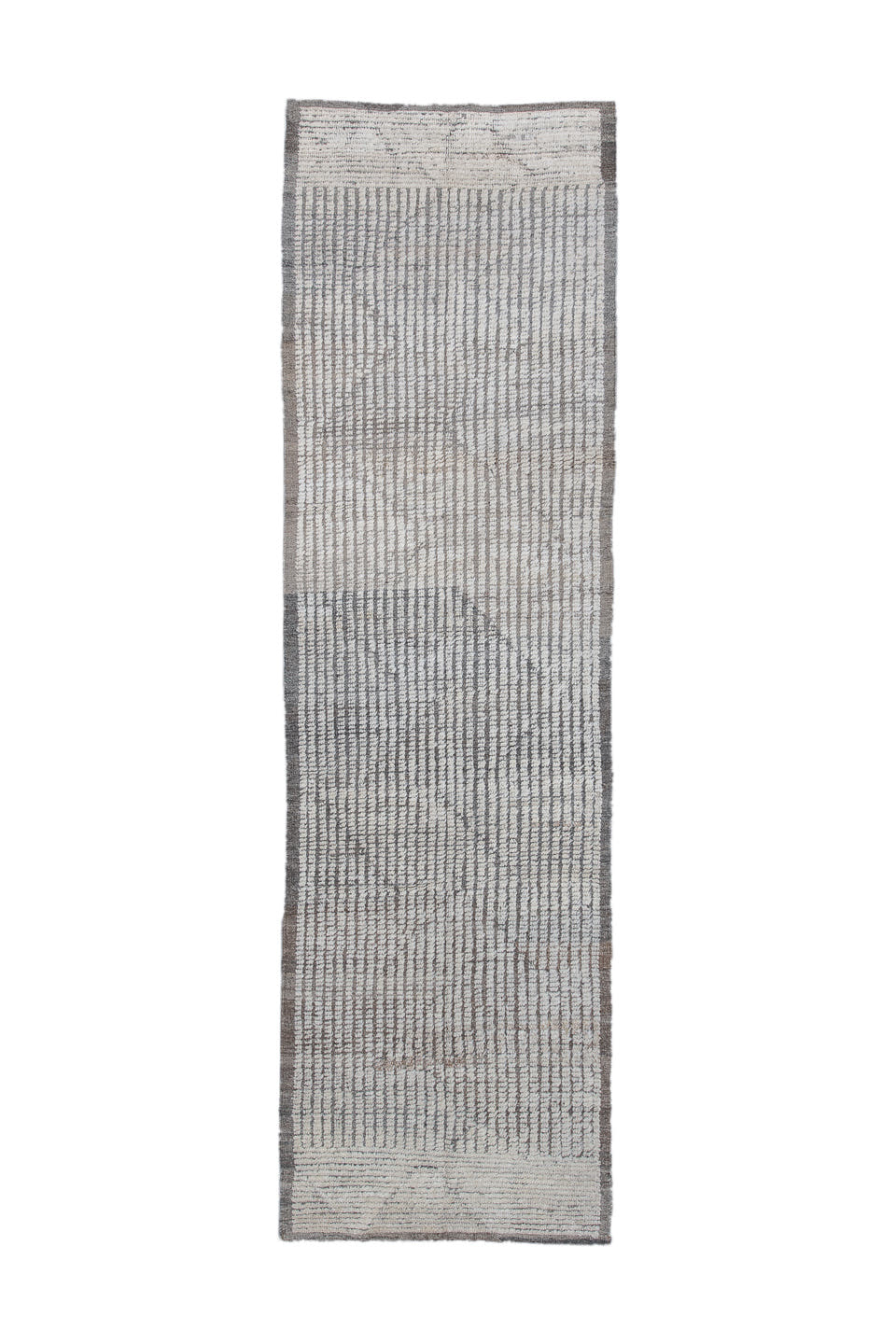 3' x 10' one-of-a-kind handmade vintage Tulu runner rug. Color palette: ivory, charcoal, taupe, gray, black, beige