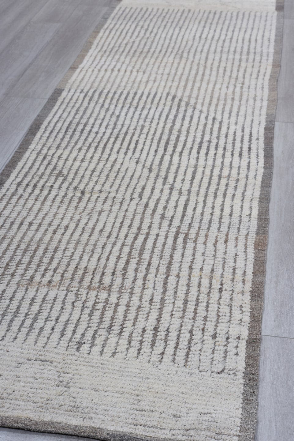 3' x 10' one-of-a-kind handmade vintage Tulu runner rug. Color palette: ivory, charcoal, taupe, gray, black, beige