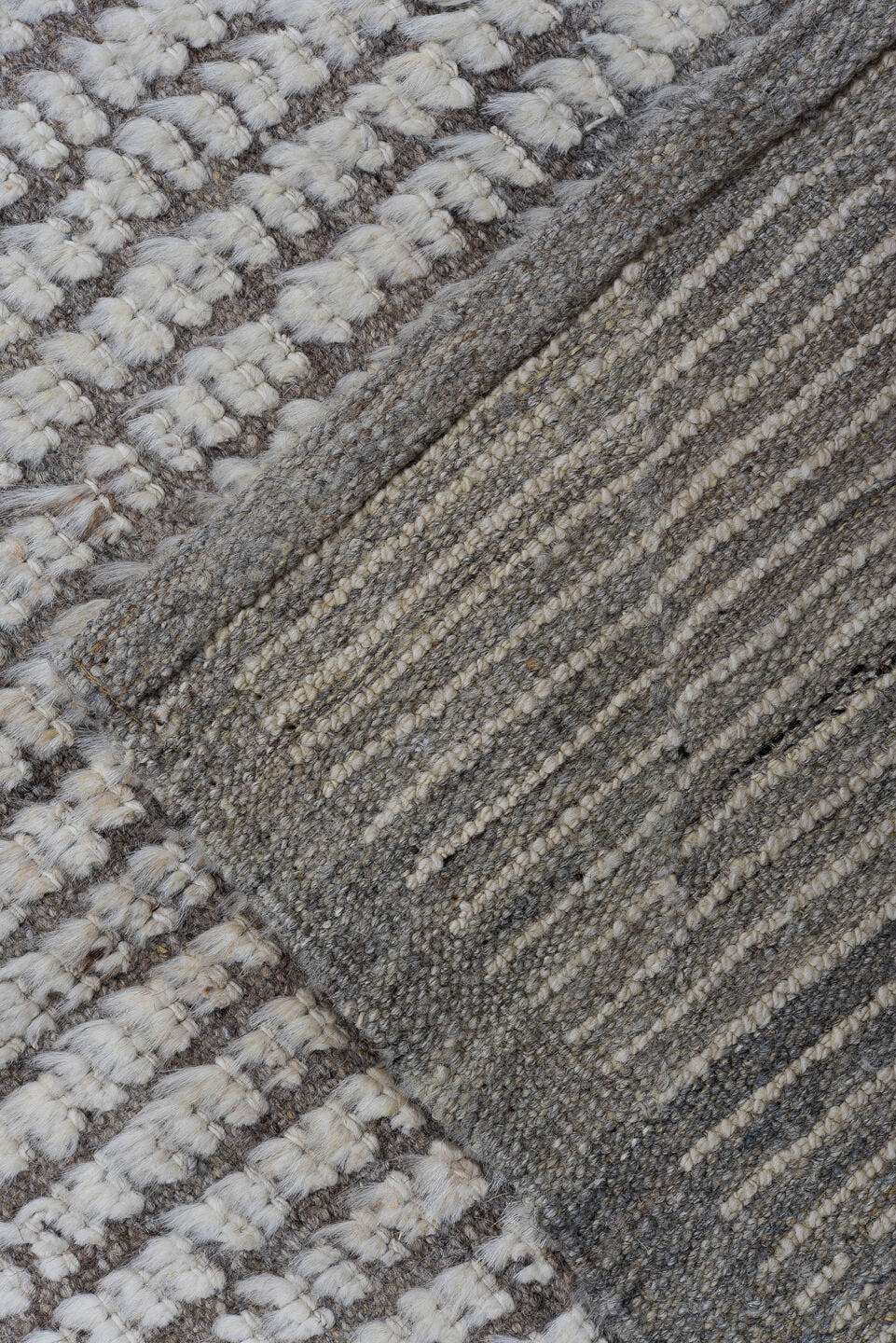 3' x 10' one-of-a-kind handmade vintage Tulu runner rug. Color palette: ivory, charcoal, taupe, gray, black, beige