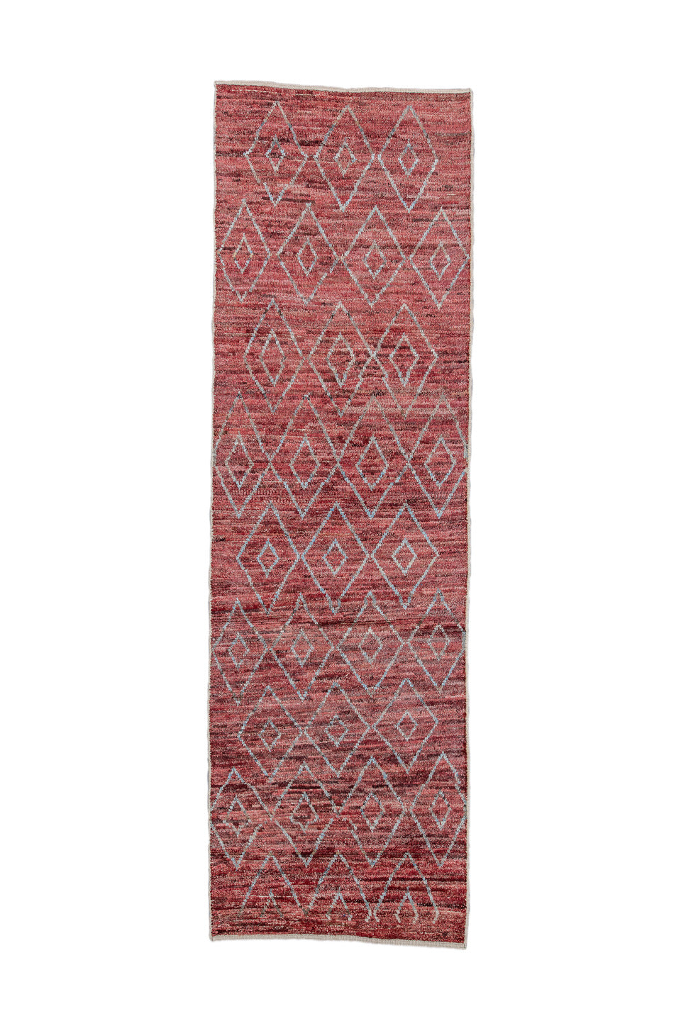 3' x 10' one-of-a-kind handmade vintage Tulu runner rug. Color palette: rose, terracotta, ivory, crimson, taupe, pink, red