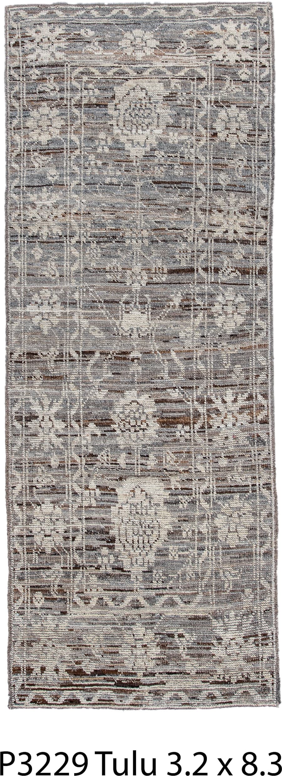 3' x 8' one-of-a-kind handmade vintage Tulu runner rug. Color palette: taupe, ivory, charcoal, brown, gray, cream, beige