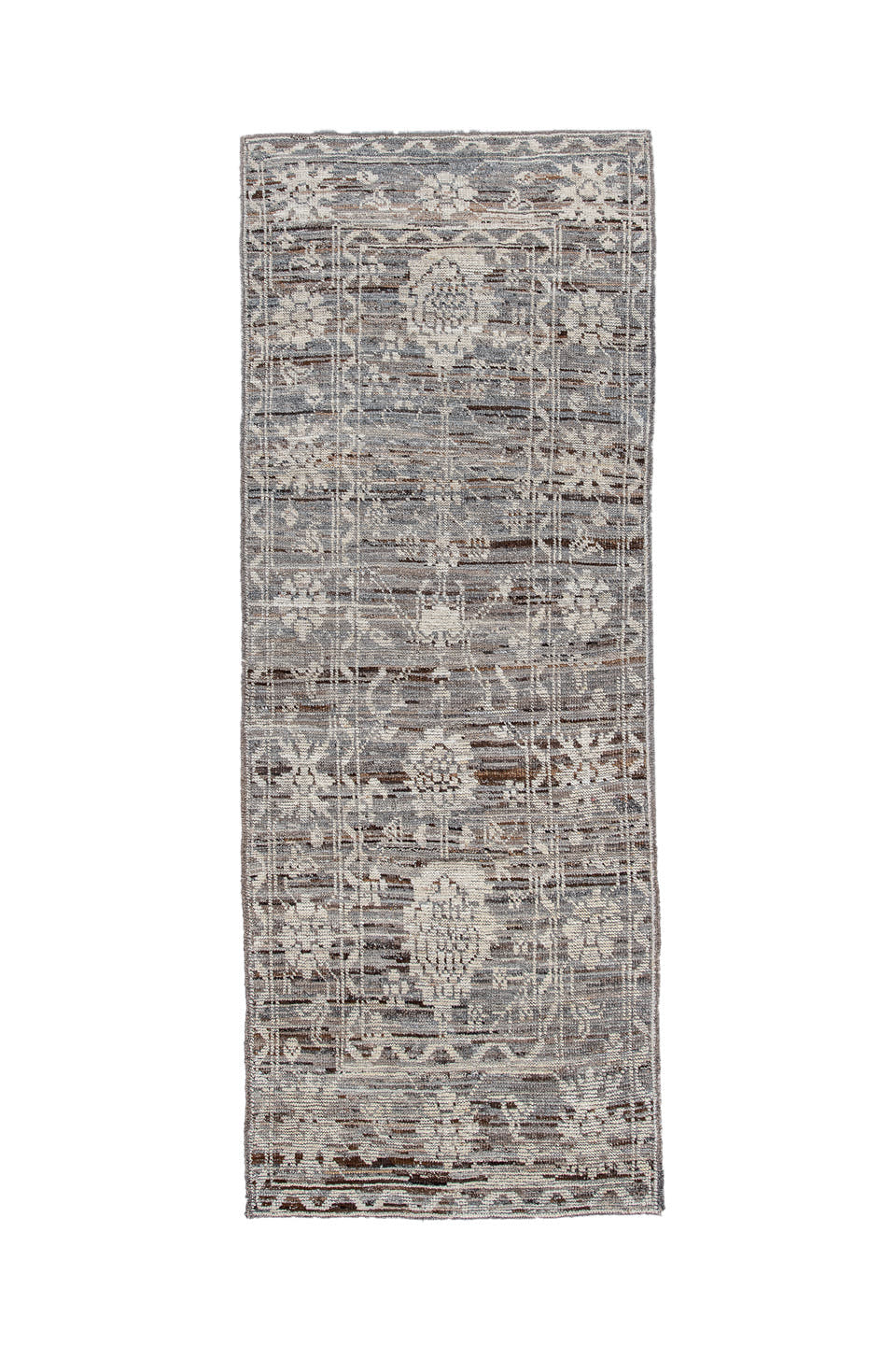 3' x 8' one-of-a-kind handmade vintage Tulu runner rug. Color palette: taupe, ivory, charcoal, brown, gray, cream, beige