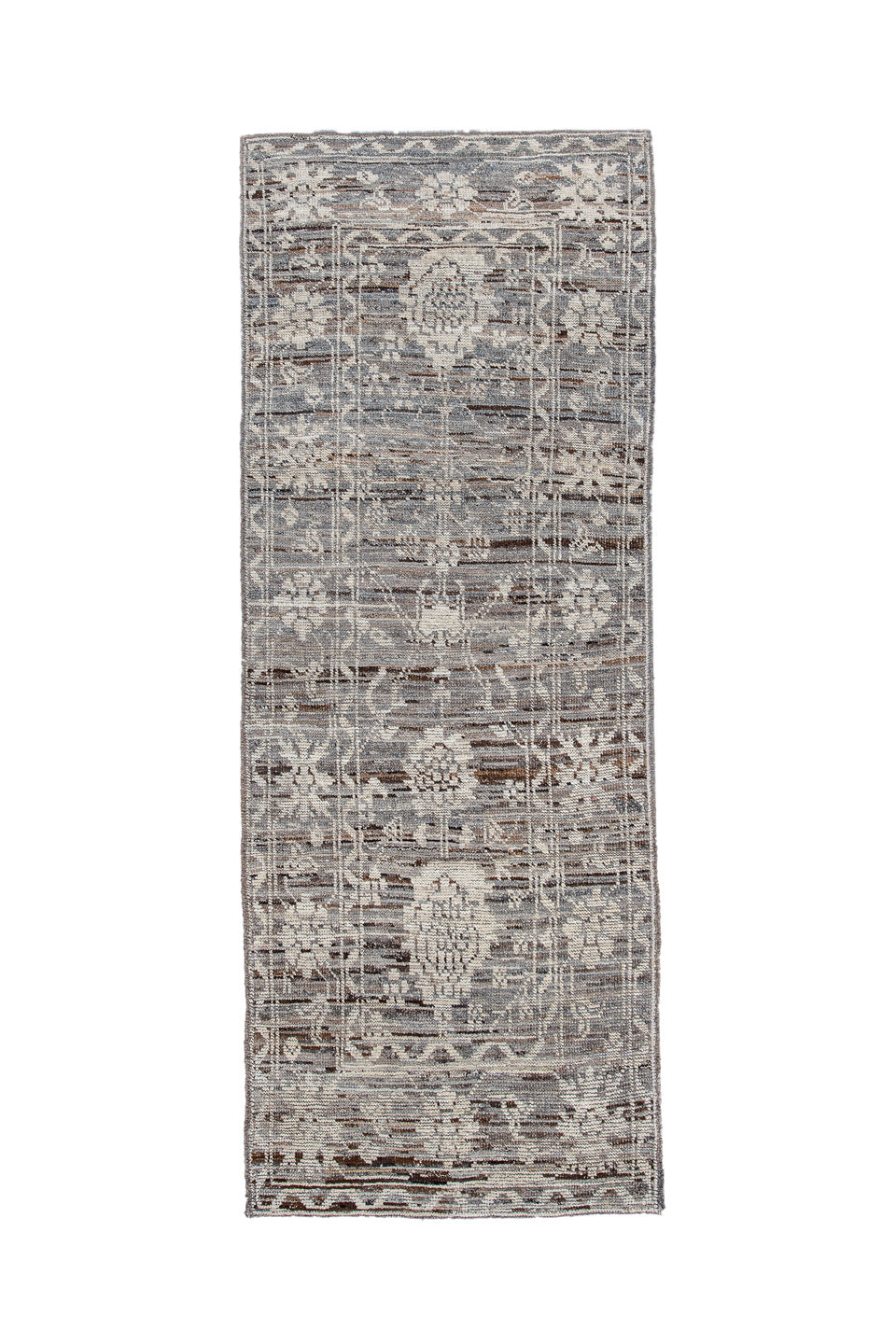 3' x 8' one-of-a-kind handmade vintage Tulu runner rug. Color palette: taupe, ivory, charcoal, brown, gray, cream, beige