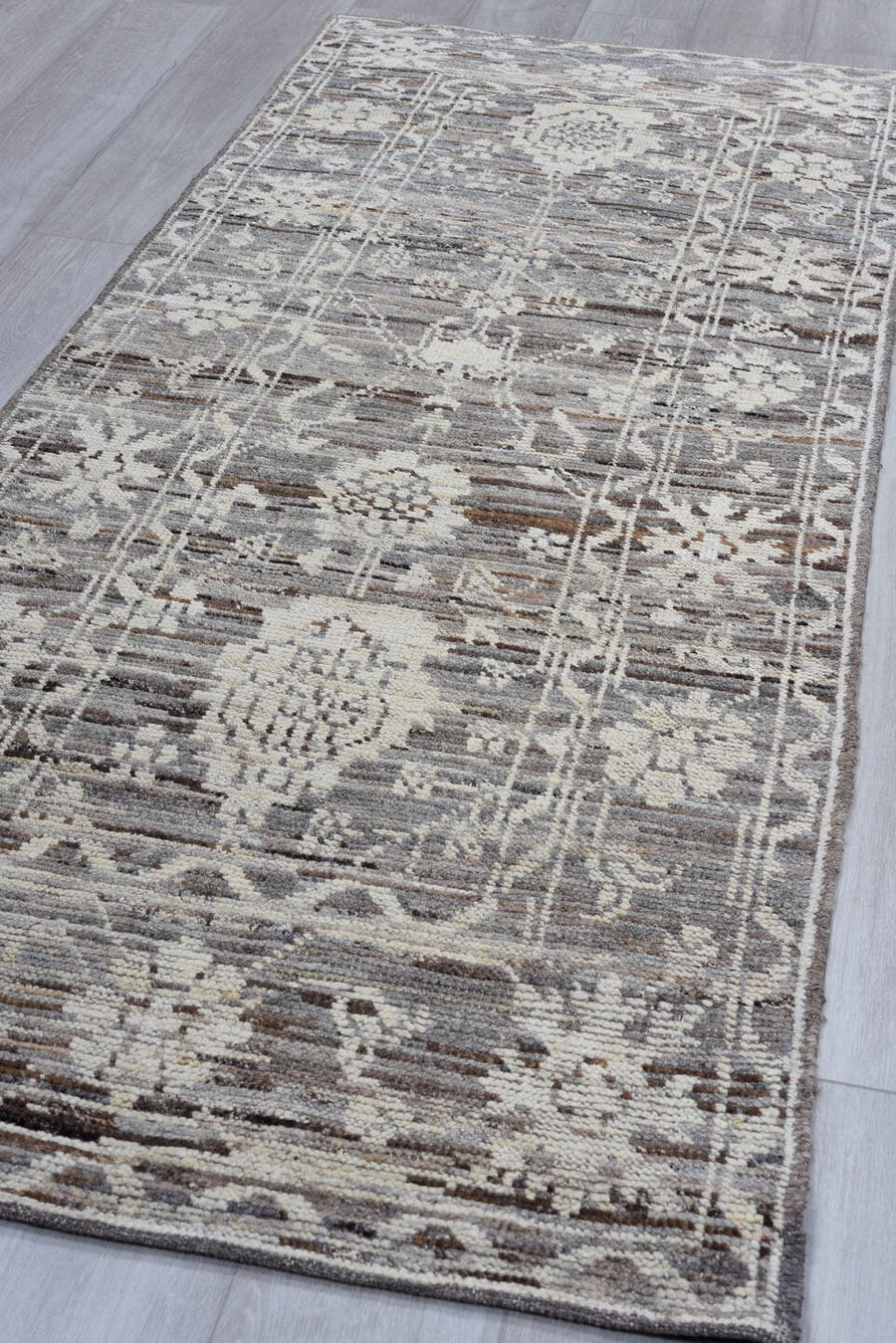 3' x 8' one-of-a-kind handmade vintage Tulu runner rug. Color palette: taupe, ivory, charcoal, brown, gray, cream, beige