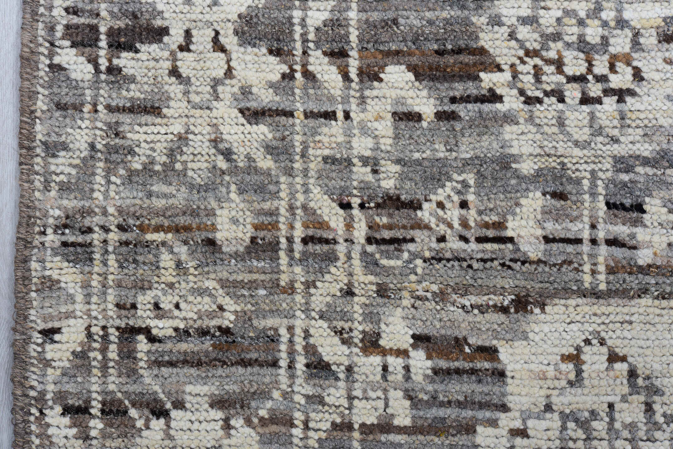 3' x 8' one-of-a-kind handmade vintage Tulu runner rug. Color palette: taupe, ivory, charcoal, brown, gray, cream, beige