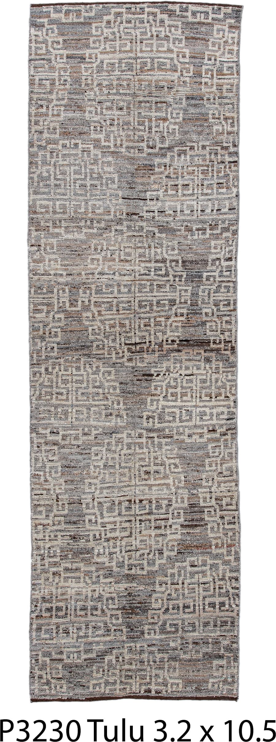 3' x 10' one-of-a-kind handmade vintage Tulu runner rug. Color palette: taupe, ivory, charcoal, brown, gray, beige, black