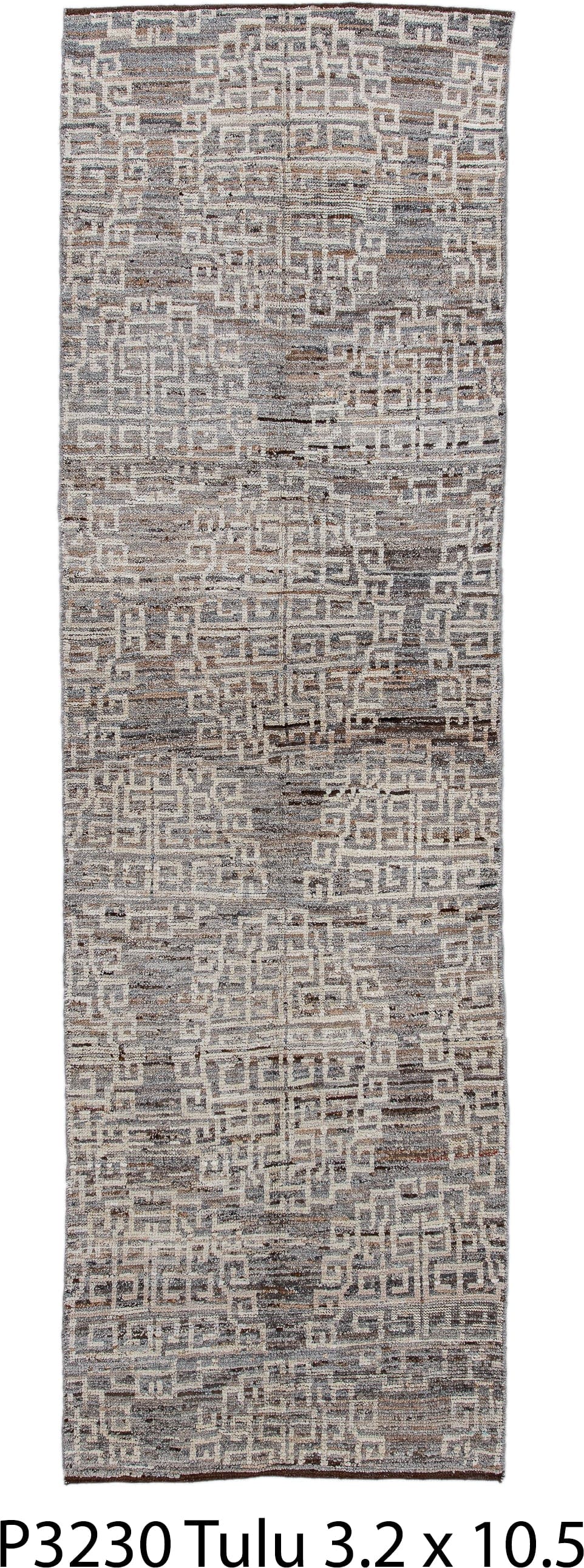 3' x 10' one-of-a-kind handmade vintage Tulu runner rug. Color palette: taupe, ivory, charcoal, brown, gray, beige, black