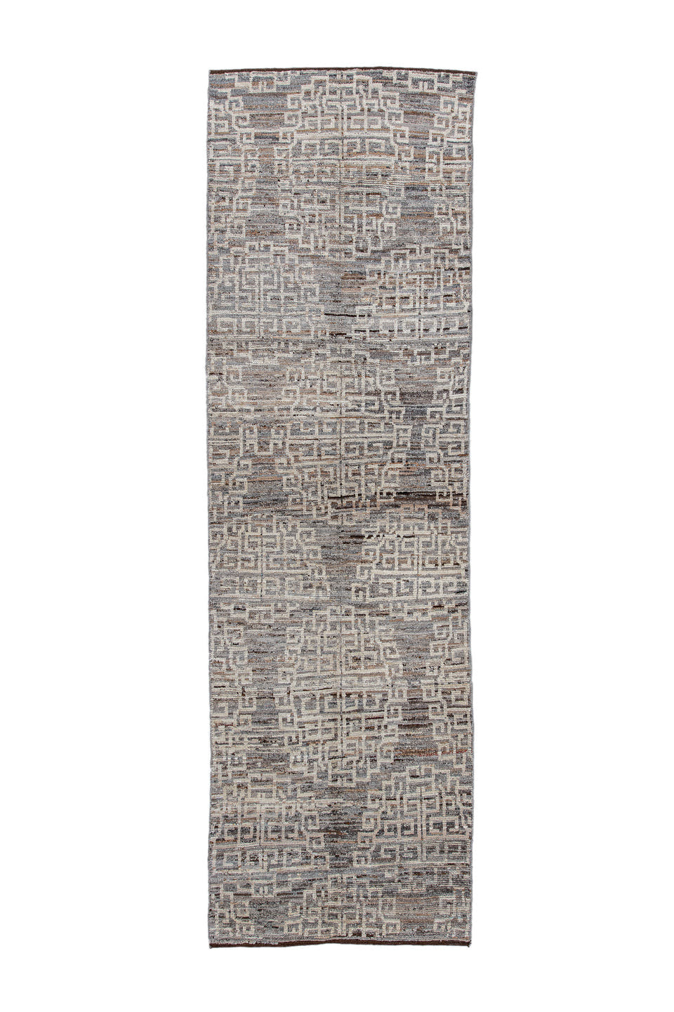 3' x 10' one-of-a-kind handmade vintage Tulu runner rug. Color palette: taupe, ivory, charcoal, brown, gray, beige, black