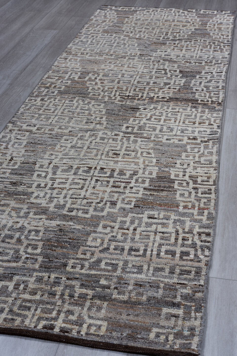 3' x 10' one-of-a-kind handmade vintage Tulu runner rug. Color palette: gainsboro, gray, light gray, off-white, pink, silver