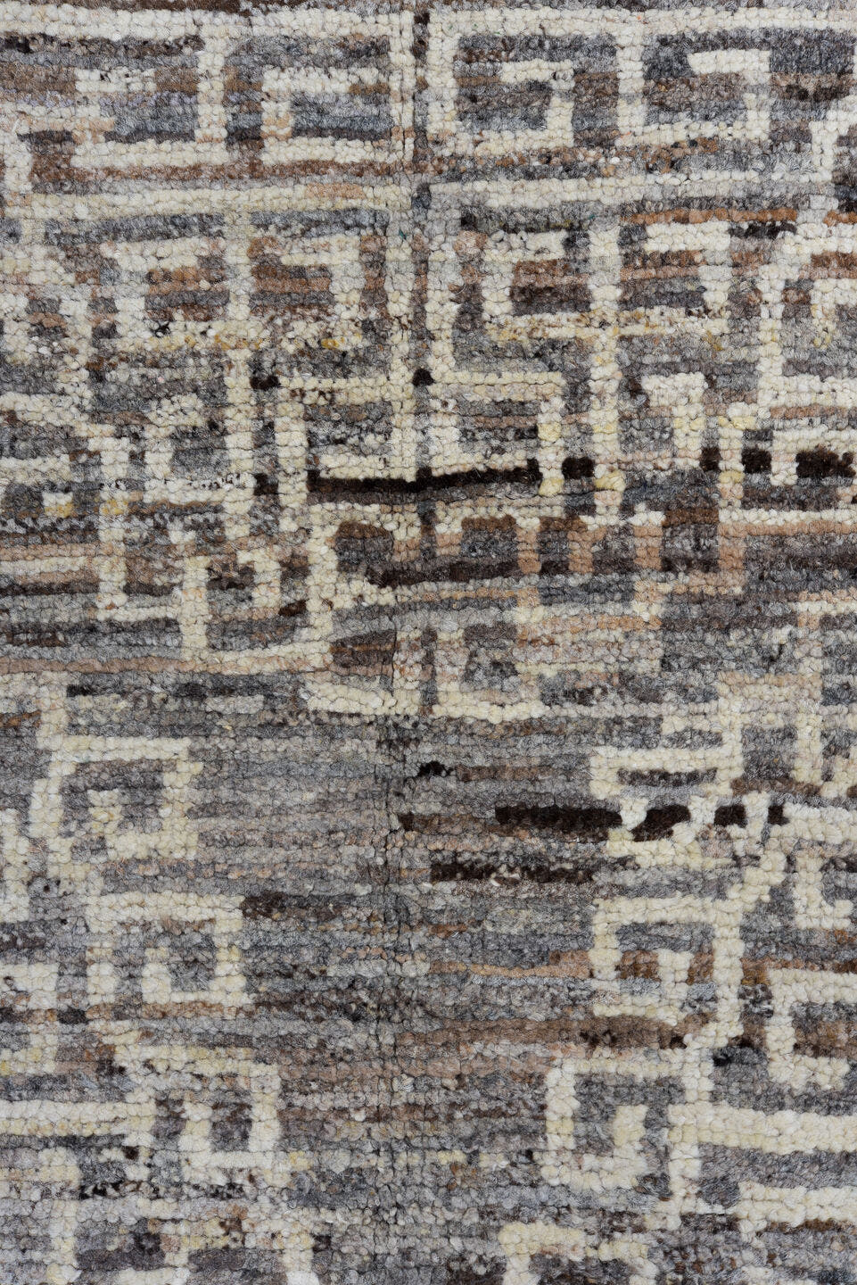 3' x 10' one-of-a-kind handmade vintage Tulu runner rug. Color palette: taupe, ivory, charcoal, brown, gray, beige, black