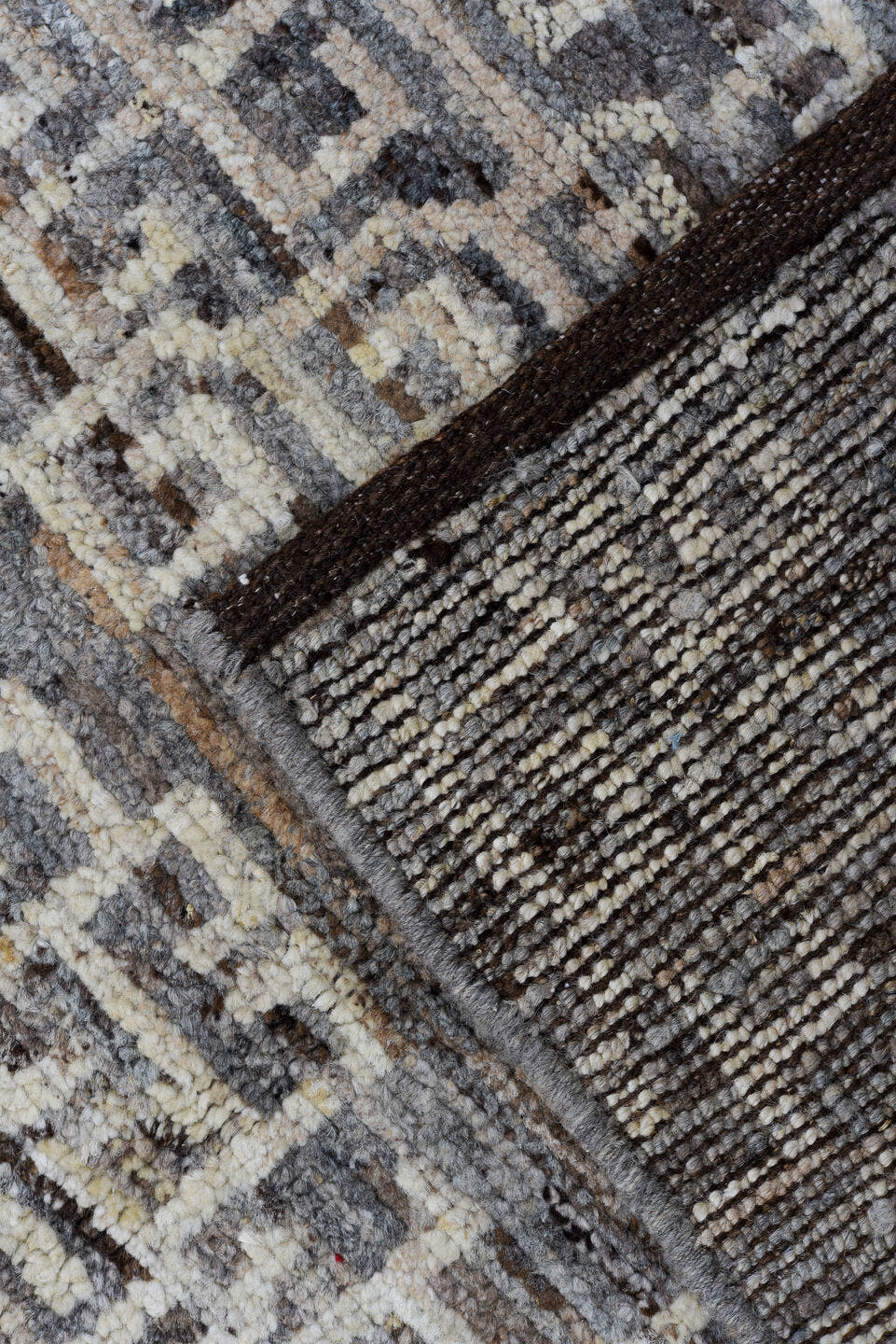 3' x 10' one-of-a-kind handmade vintage Tulu runner rug. Color palette: taupe, ivory, charcoal, brown, gray, beige, black