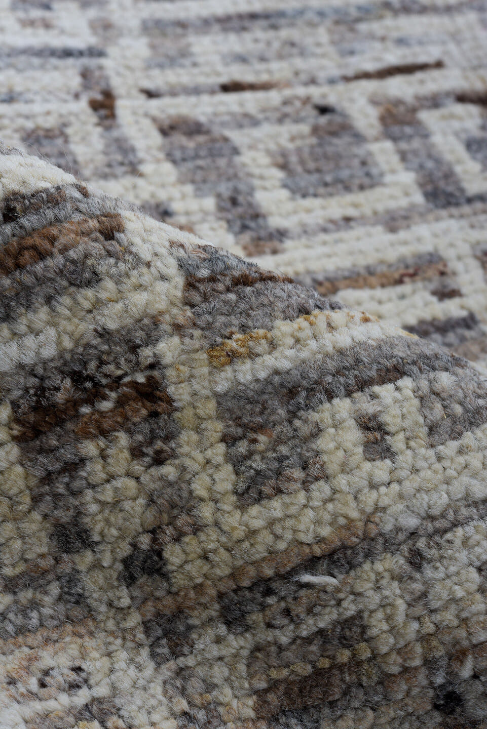 3' x 10' one-of-a-kind handmade vintage Tulu runner rug. Color palette: taupe, ivory, charcoal, brown, gray, beige, black