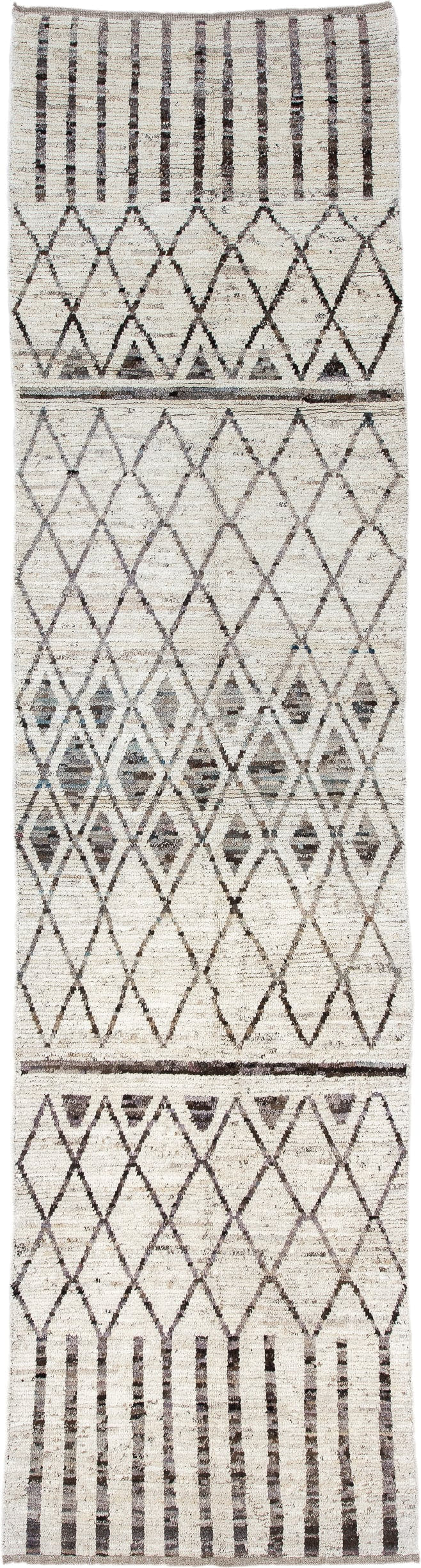 3' x 12' one-of-a-kind handmade vintage Tulu runner rug. Color palette: ivory, charcoal, taupe, brown, gray, black, beige