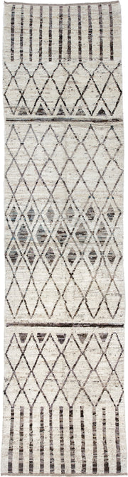 3' x 12' one-of-a-kind handmade vintage Tulu runner rug. Color palette: ivory, charcoal, taupe, brown, gray, black, beige