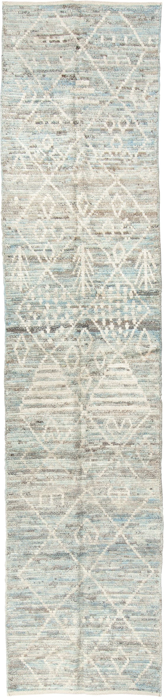 2' x 12' one-of-a-kind handmade vintage Tulu runner rug. Color palette: ivory, pale blue, gray, taupe, light blue, beige