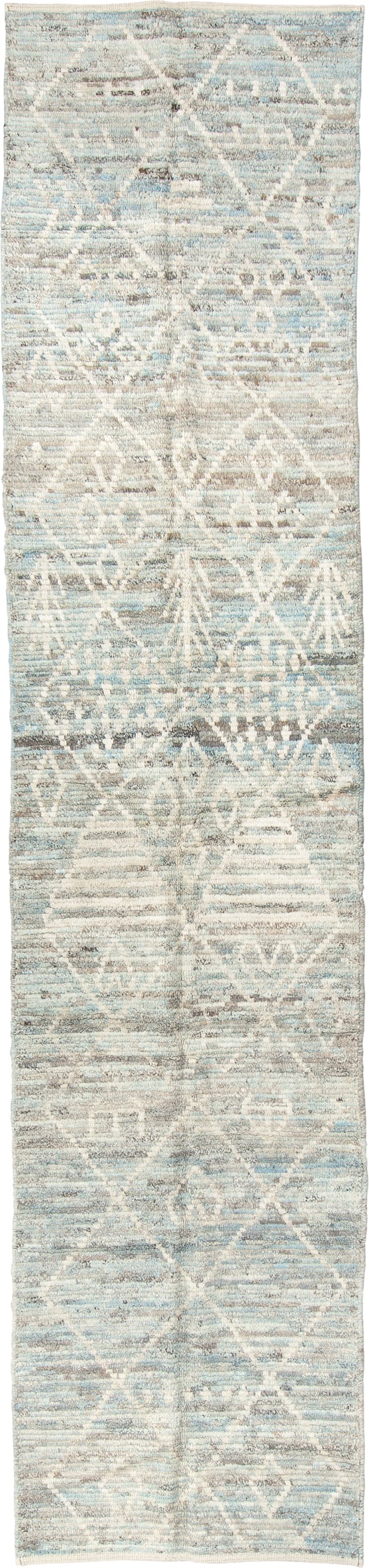 2' x 12' one-of-a-kind handmade vintage Tulu runner rug. Color palette: ivory, pale blue, gray, taupe, light blue, beige