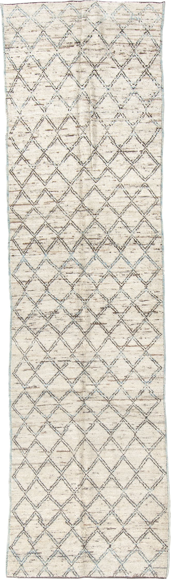 3' x 11' one-of-a-kind handmade vintage Tulu runner rug. Color palette: ivory, blue, taupe, gray, beige