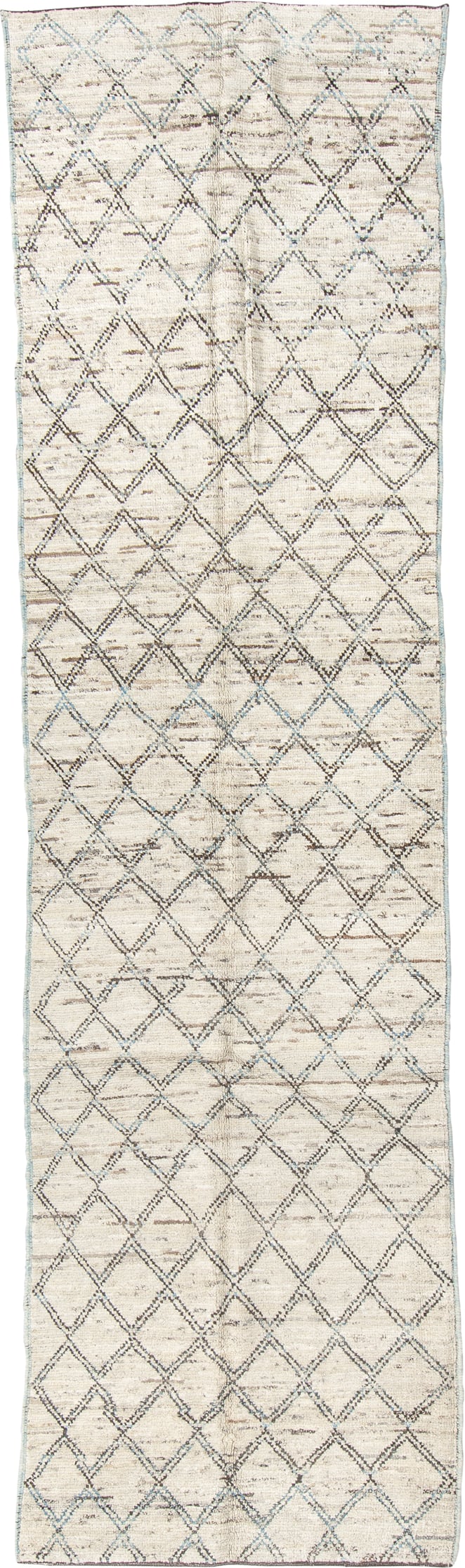 3' x 11' one-of-a-kind handmade vintage Tulu runner rug. Color palette: ivory, blue, taupe, gray, beige