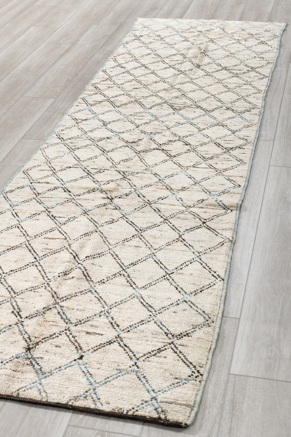 3' x 11' one-of-a-kind handmade vintage Tulu runner rug. Color palette: ivory, blue, taupe, gray, beige