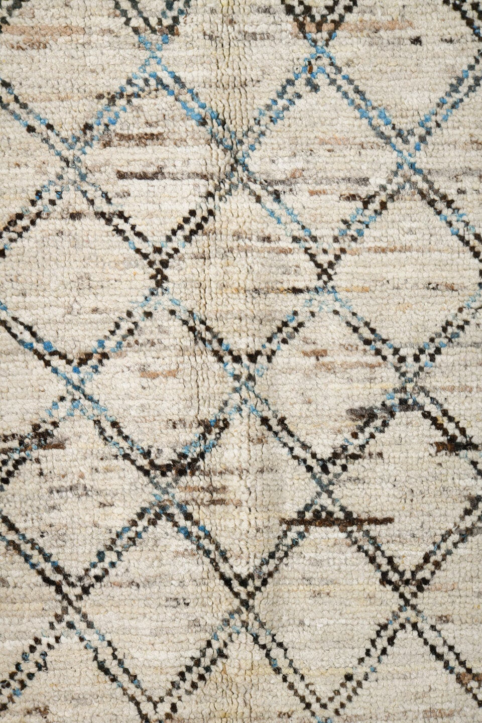 3' x 11' one-of-a-kind handmade vintage Tulu runner rug. Color palette: ivory, blue, taupe, gray, beige