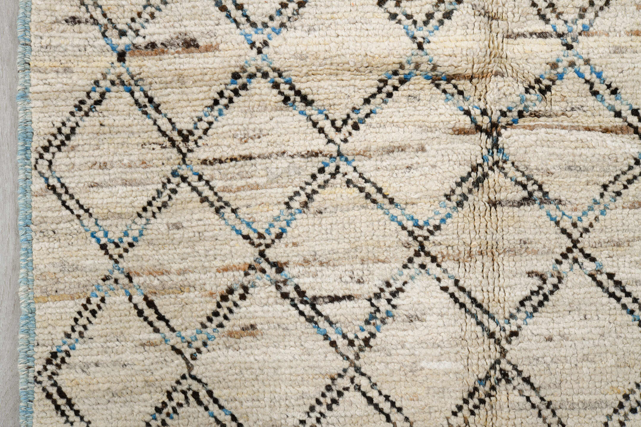 3' x 11' one-of-a-kind handmade vintage Tulu runner rug. Color palette: ivory, blue, taupe, gray, beige