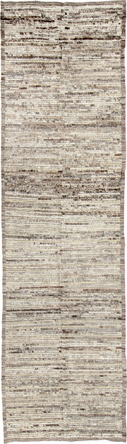 3' x 11' one-of-a-kind handmade vintage Tulu runner rug. Color palette: ivory, taupe, brown, charcoal, cream, beige, gray