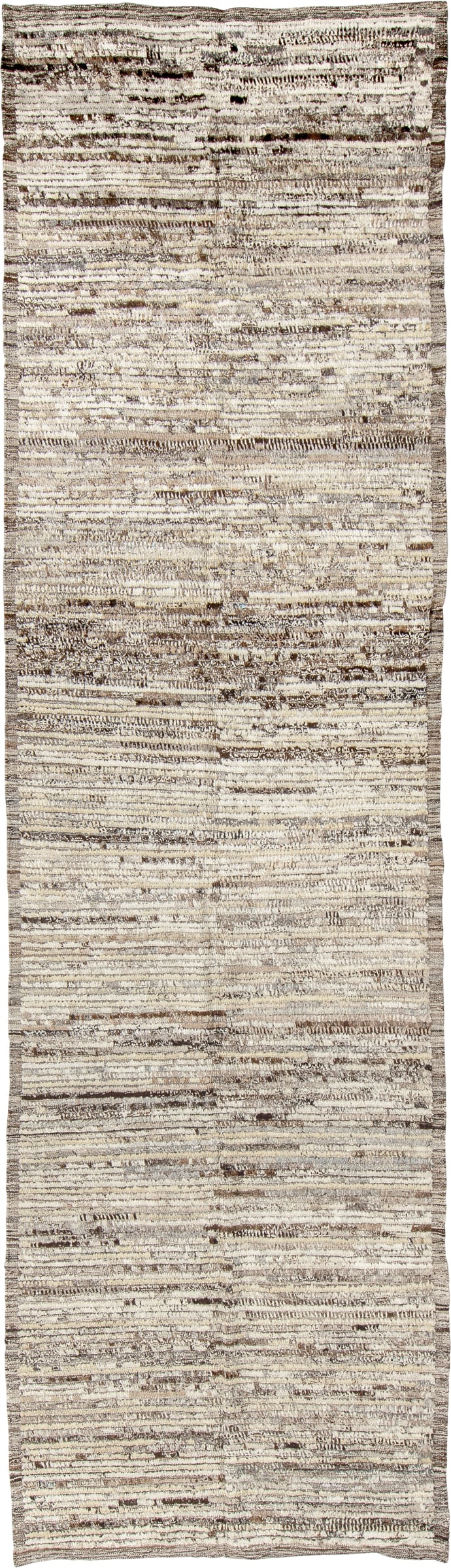 3' x 11' one-of-a-kind handmade vintage Tulu runner rug. Color palette: ivory, taupe, brown, charcoal, cream, beige, gray
