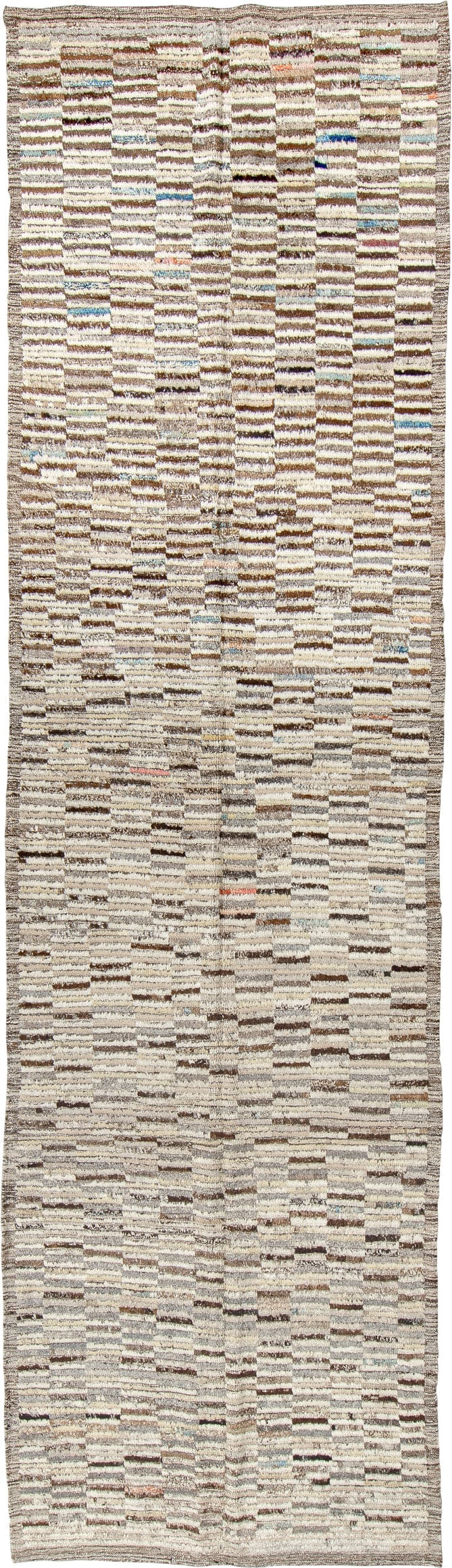 3' x 12' one-of-a-kind handmade vintage Tulu runner rug. Color palette: ivory, taupe, brown, gray, charcoal, camel