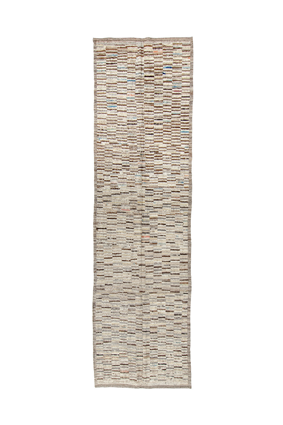 3' x 12' one-of-a-kind handmade vintage Tulu runner rug. Color palette: brown, dark gray, gainsboro, gray, light gray, linen