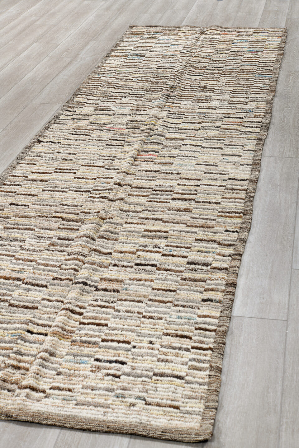 3' x 12' one-of-a-kind handmade vintage Tulu runner rug. Color palette: ivory, taupe, brown, gray, charcoal, camel