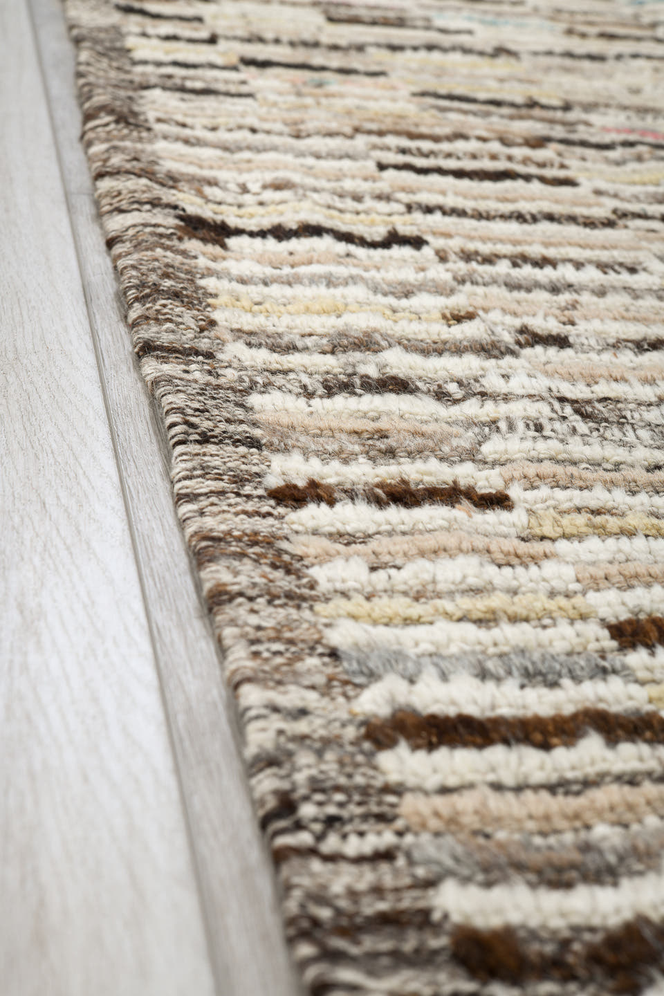 3' x 12' one-of-a-kind handmade vintage Tulu runner rug. Color palette: ivory, taupe, brown, gray, charcoal, camel