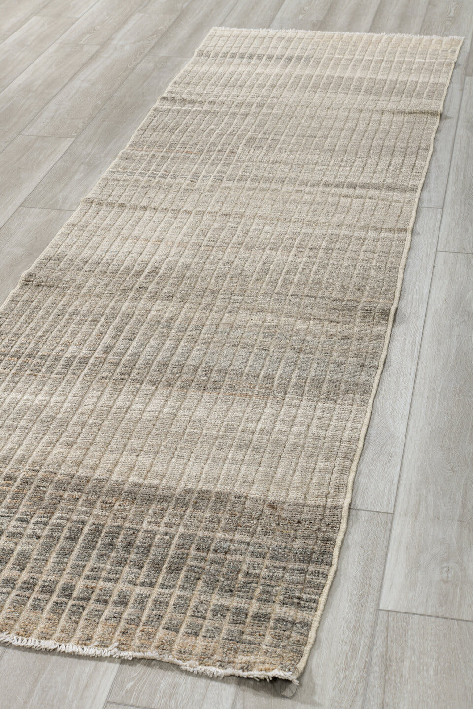 2' x 9' one-of-a-kind handmade vintage Tulu runner rug. Color palette: ivory, taupe, gray, cream, charcoal, beige, black