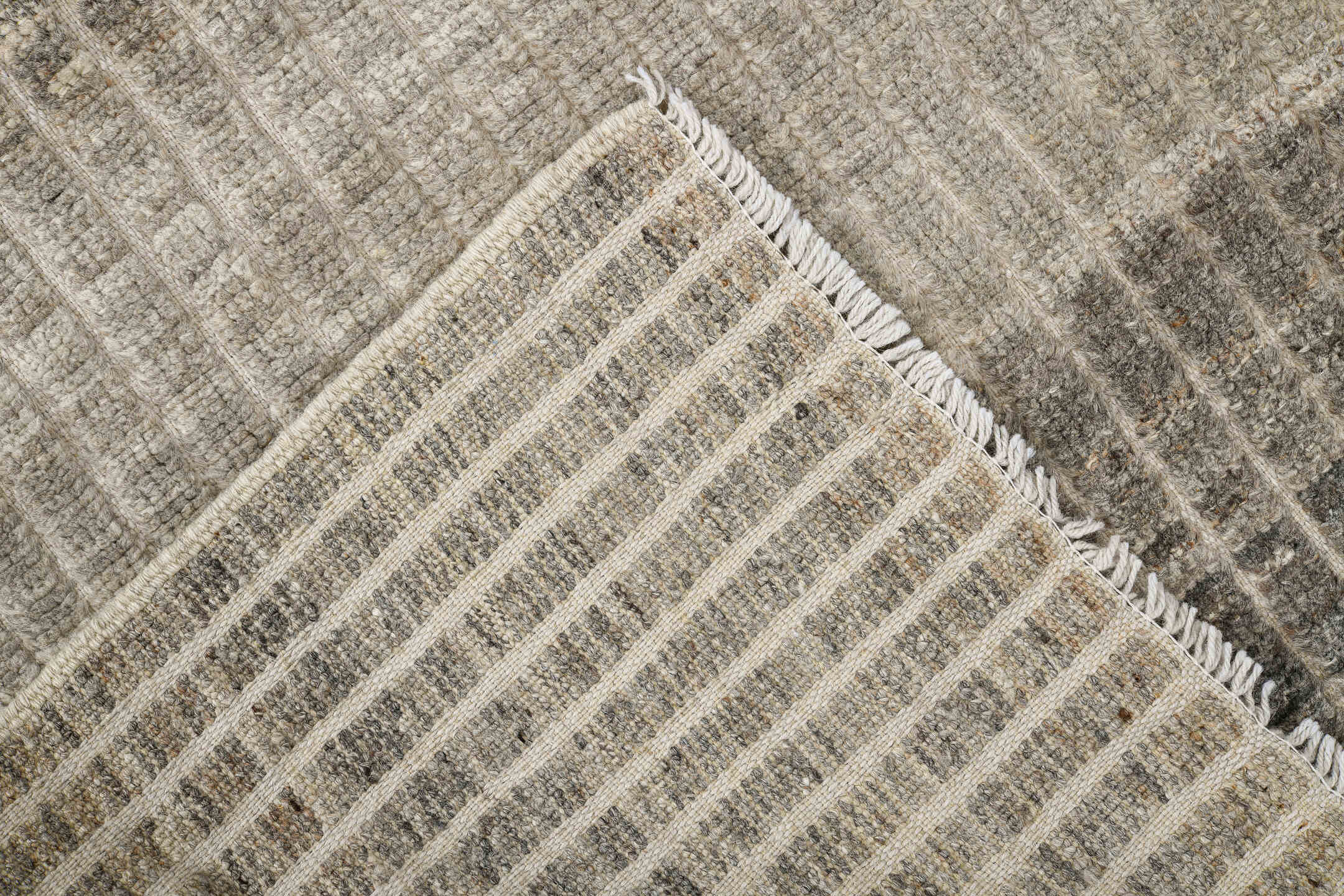 2' x 9' one-of-a-kind handmade vintage Tulu runner rug. Color palette: ivory, taupe, gray, cream, charcoal, beige, black