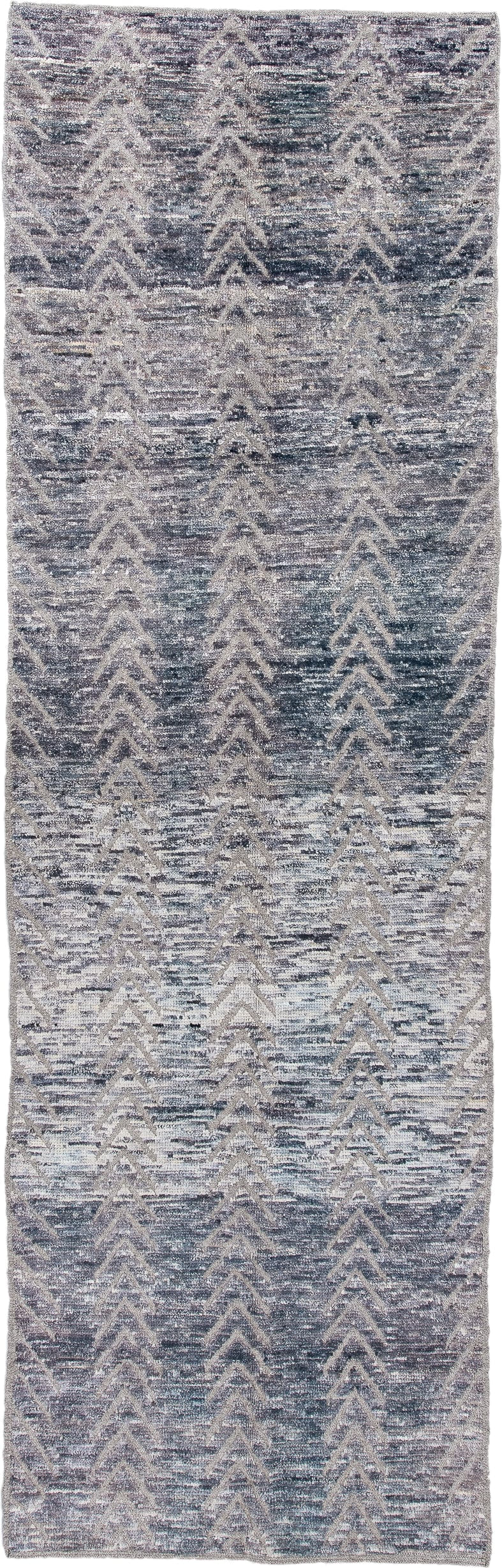 3' x 9' one-of-a-kind handmade vintage Tulu runner rug. Color palette: blue_gray, ivory, slate, taupe, silver, gray, blue