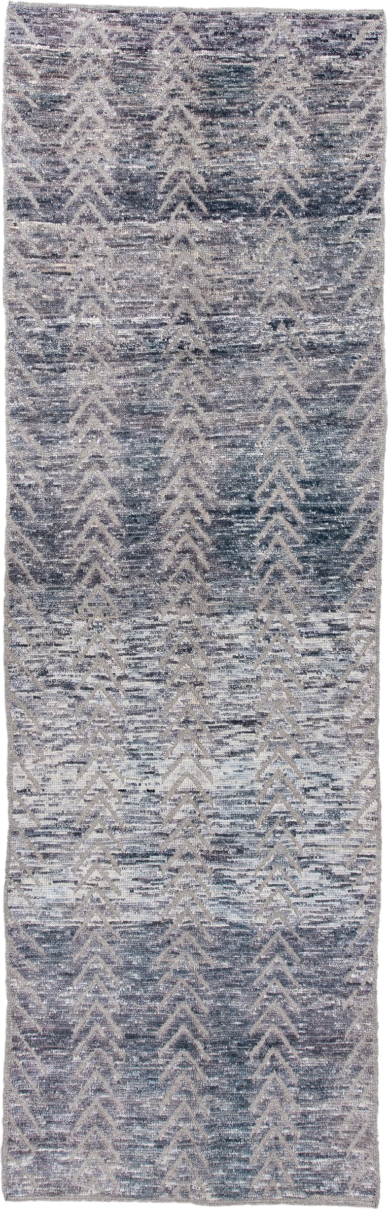 3' x 9' one-of-a-kind handmade vintage Tulu runner rug. Color palette: blue_gray, ivory, slate, taupe, silver, gray, blue