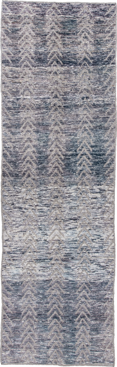 3' x 9' one-of-a-kind handmade vintage Tulu runner rug. Color palette: blue, dark gray, gainsboro, gray, light blue