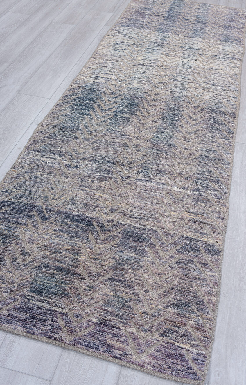 3' x 9' one-of-a-kind handmade vintage Tulu runner rug. Color palette: blue, dark gray, gainsboro, gray, light blue
