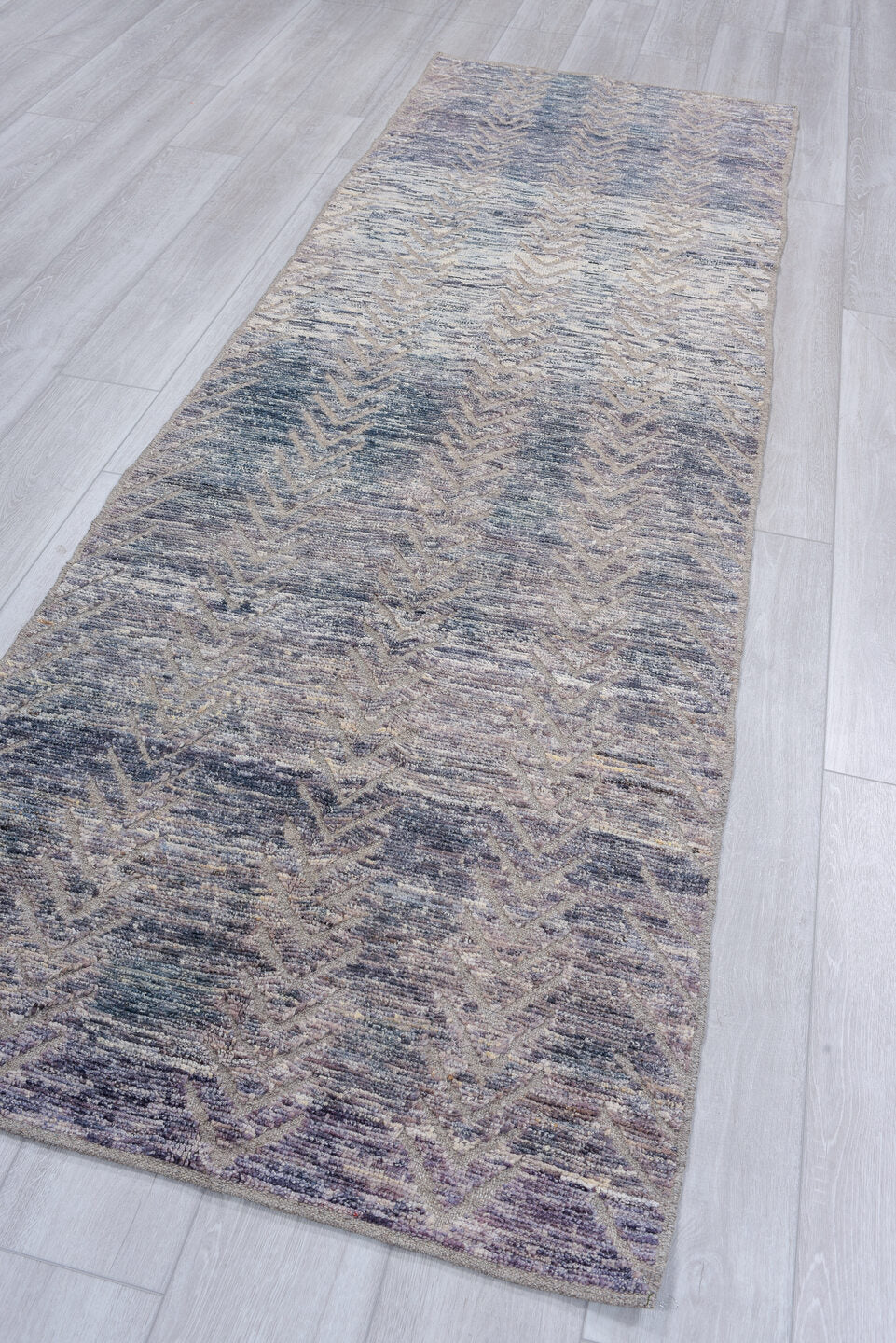 3' x 9' one-of-a-kind handmade vintage Tulu runner rug. Color palette: blue_gray, ivory, slate, taupe, silver, gray, blue