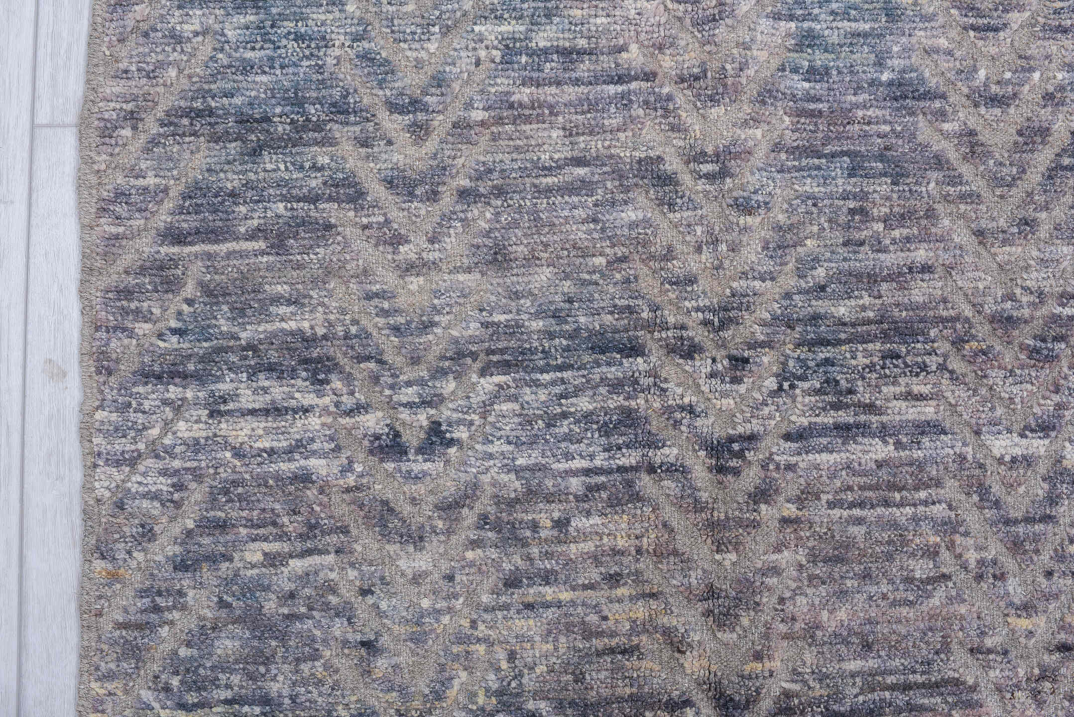 3' x 9' one-of-a-kind handmade vintage Tulu runner rug. Color palette: blue, dark gray, gainsboro, gray, light blue