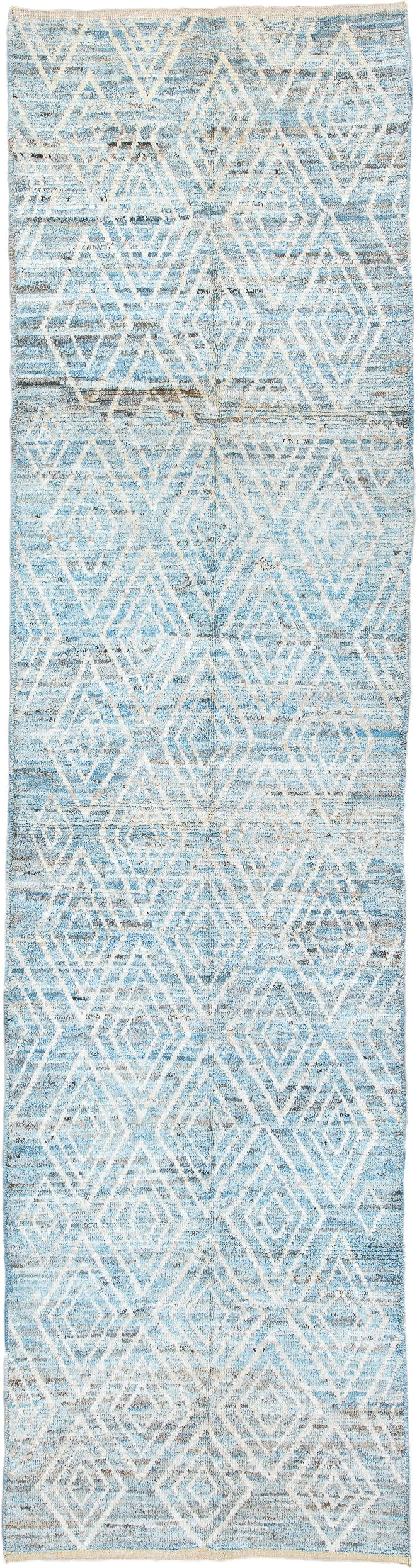 3' x 12' one-of-a-kind handmade vintage Tulu runner rug. Color palette: sky blue, ivory, light gray, taupe, light blue