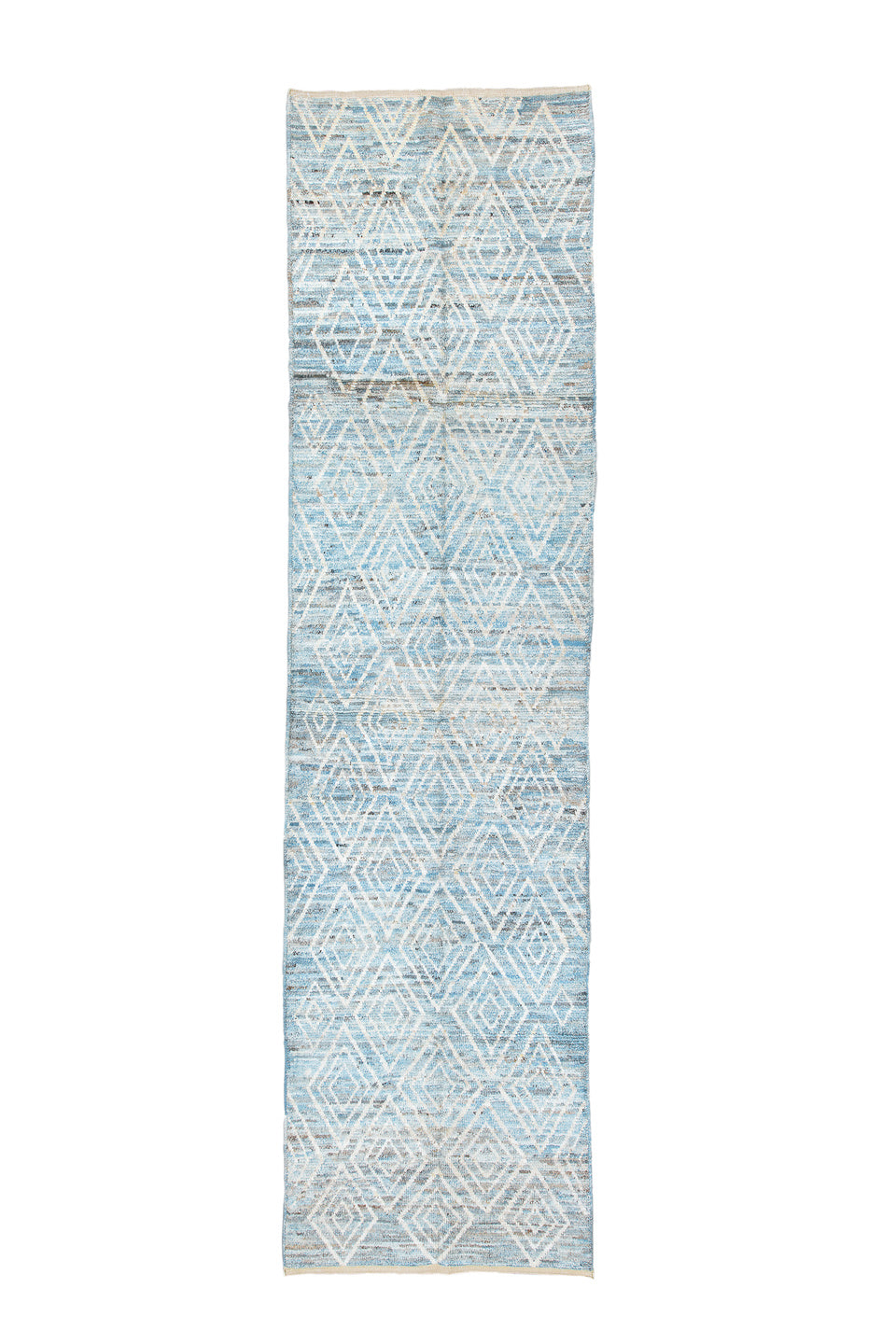 3' x 12' one-of-a-kind handmade vintage Tulu runner rug. Color palette: blue, dark gray, dim gray, gainsboro, gray