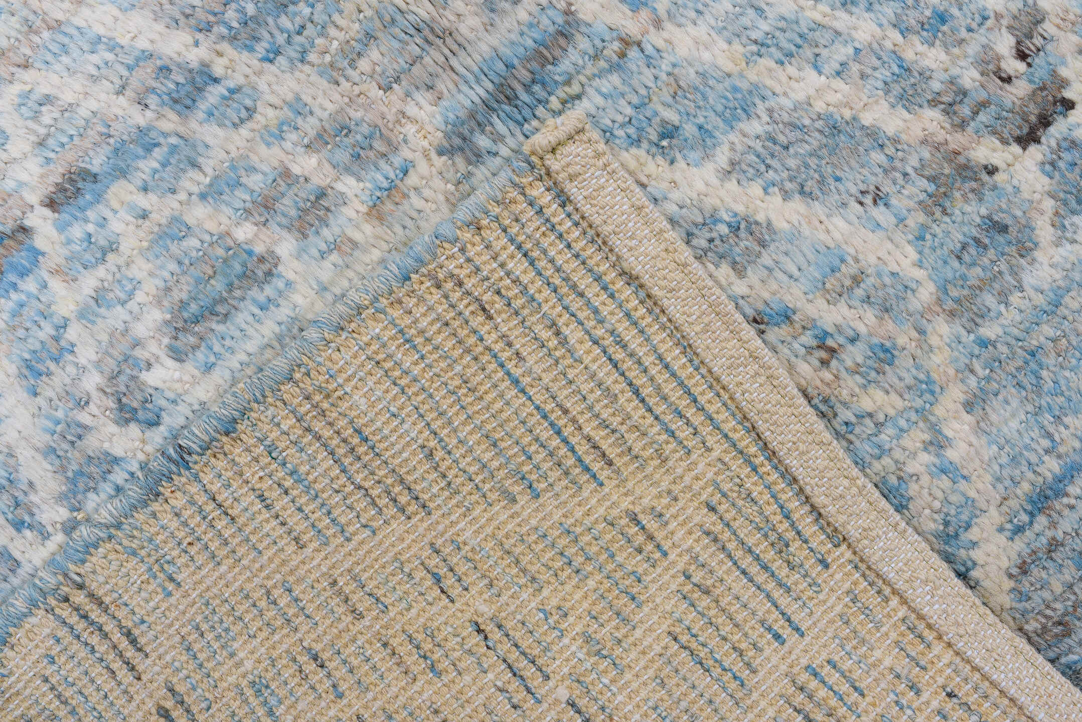 3' x 12' one-of-a-kind handmade vintage Tulu runner rug. Color palette: sky blue, ivory, light gray, taupe, light blue