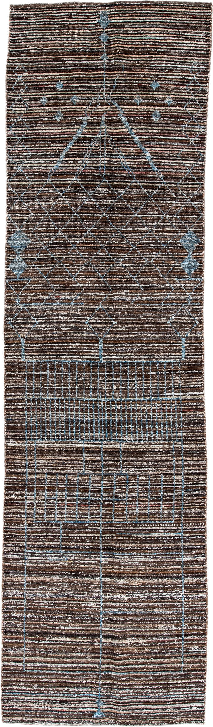 2' x 10' one-of-a-kind handmade vintage Tulu runner rug. Color palette: brown, sky blue, ivory, charcoal, light blue, gray