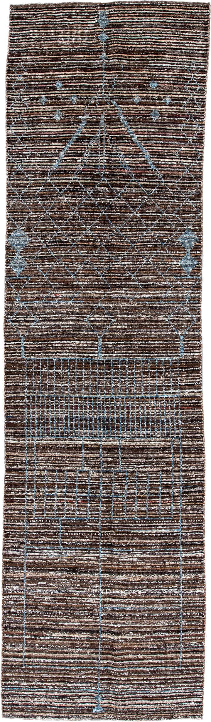 2' x 10' one-of-a-kind handmade vintage Tulu runner rug. Color palette: brown, sky blue, ivory, charcoal, light blue, gray