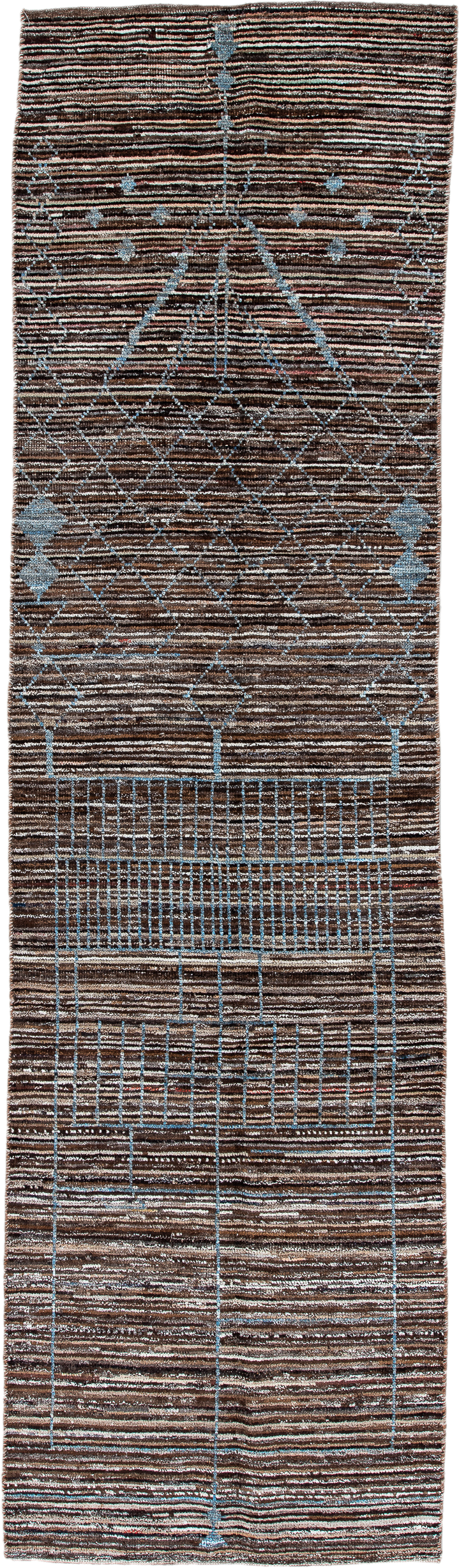 2' x 10' one-of-a-kind handmade vintage Tulu runner rug. Color palette: brown, sky blue, ivory, charcoal, light blue, gray