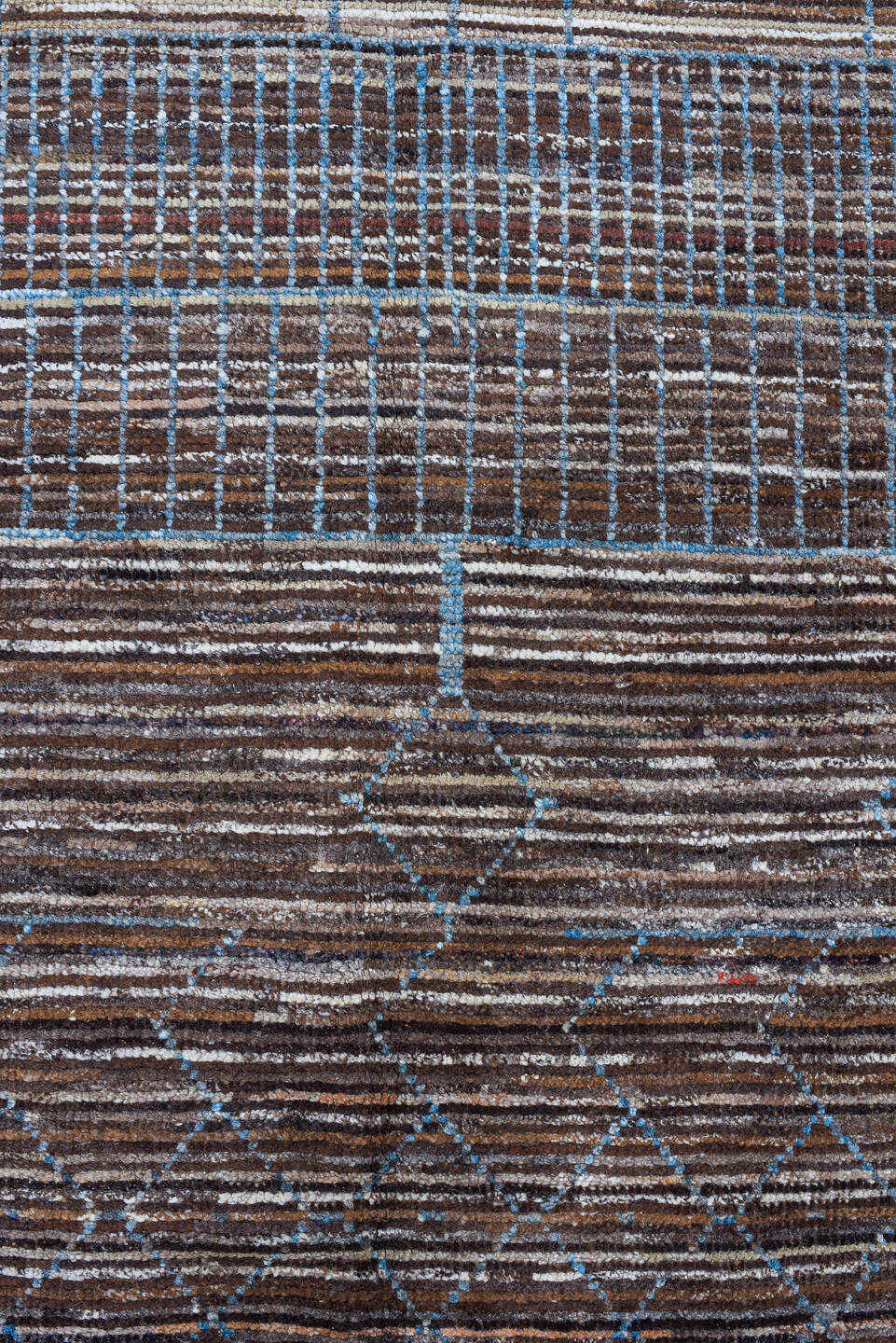 2' x 10' one-of-a-kind handmade vintage Tulu runner rug. Color palette: brown, sky blue, ivory, charcoal, light blue, gray