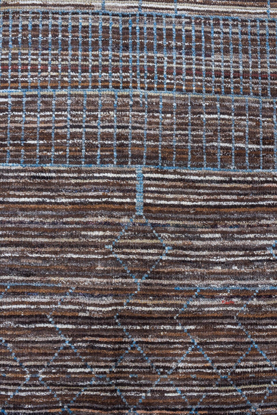 2' x 10' one-of-a-kind handmade vintage Tulu runner rug. Color palette: brown, sky blue, ivory, charcoal, light blue, gray