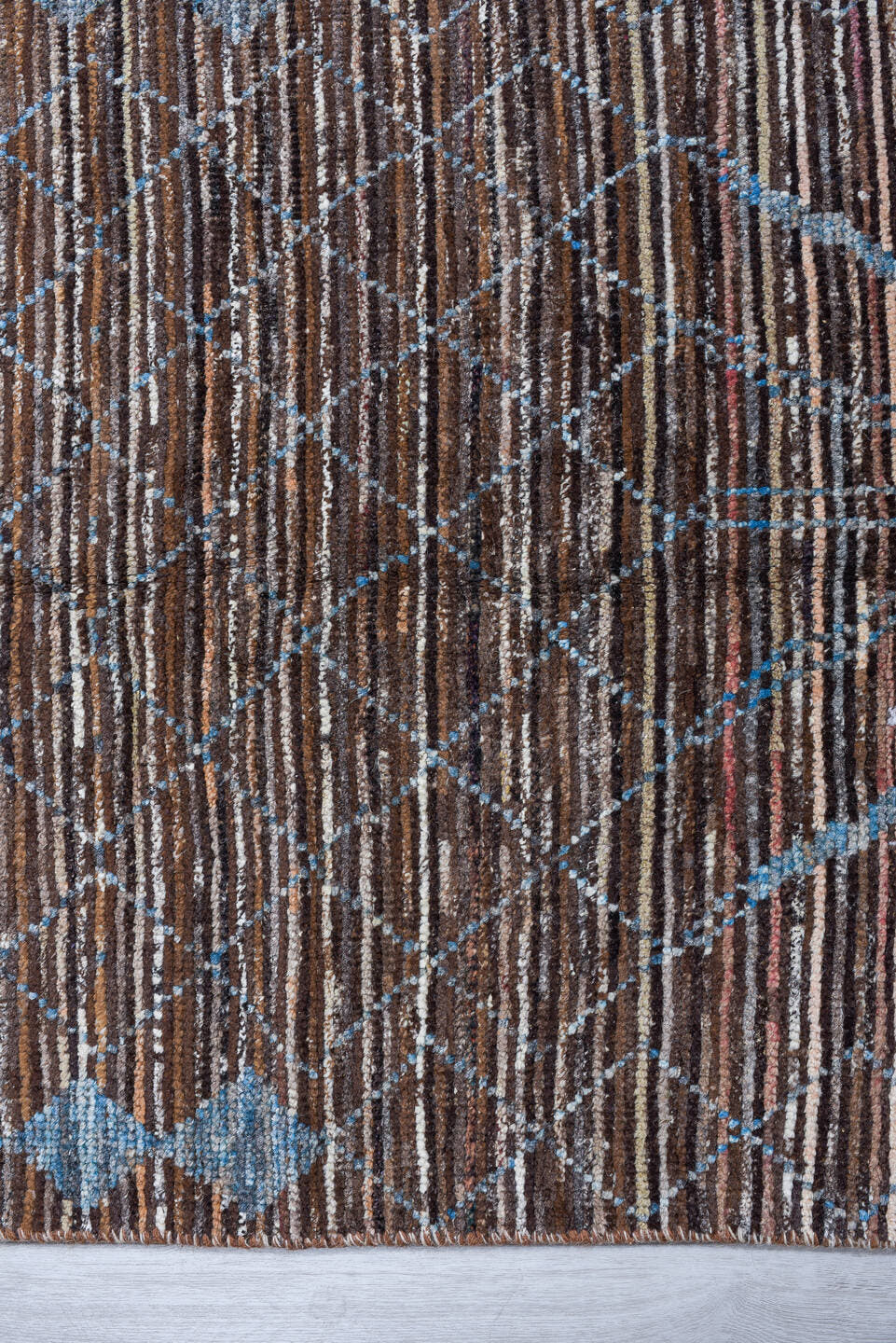 2' x 10' one-of-a-kind handmade vintage Tulu runner rug. Color palette: brown, sky blue, ivory, charcoal, light blue, gray