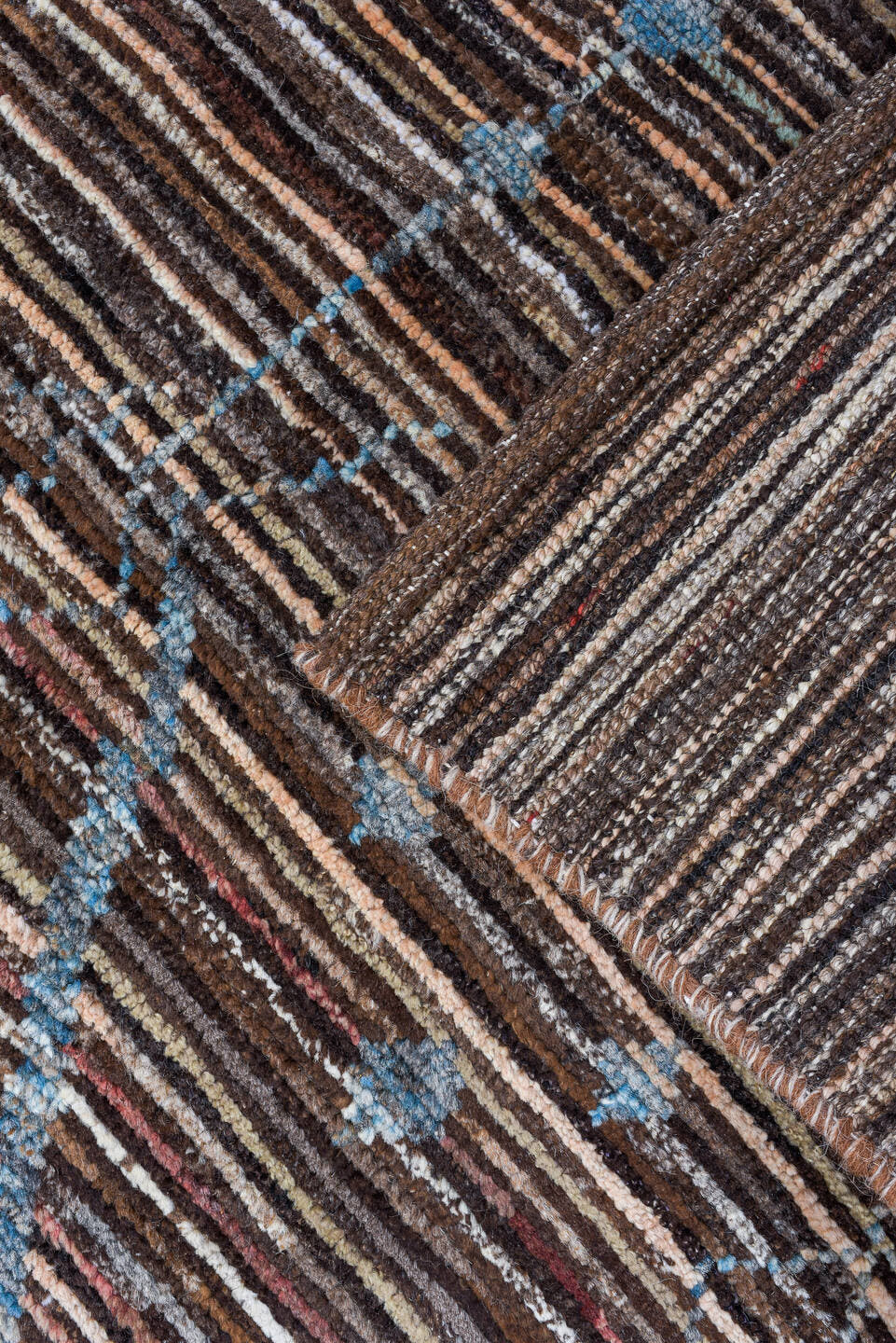 2' x 10' one-of-a-kind handmade vintage Tulu runner rug. Color palette: brown, sky blue, ivory, charcoal, light blue, gray